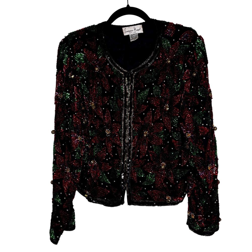 Vintage Laurence Kazar XL Red Sequin Poinsettia Silk Beaded Christmas Jacket